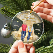 Memorial,Christmas,Sad,Family,Gift For Husband,Gift For Wife,Parents - I Never Walk Alone My Husband Walks With Me - Personalized Circle Glass Ornament