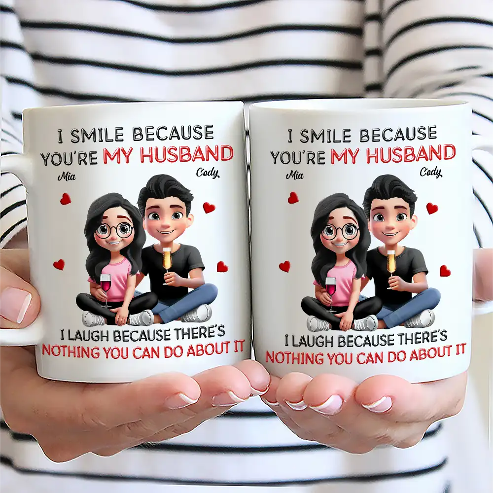 Gift For Couples,Married ,Funny - I Smile Because You Are My Husband 3D Effect Sitting Couple - Personalized Mug