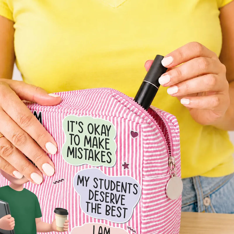 Back To School, Summer, Teacher, Inspirational, Vector - I Trust Myself Teacher Daily Affirmations - Personalized Striped Cosmetic Bag