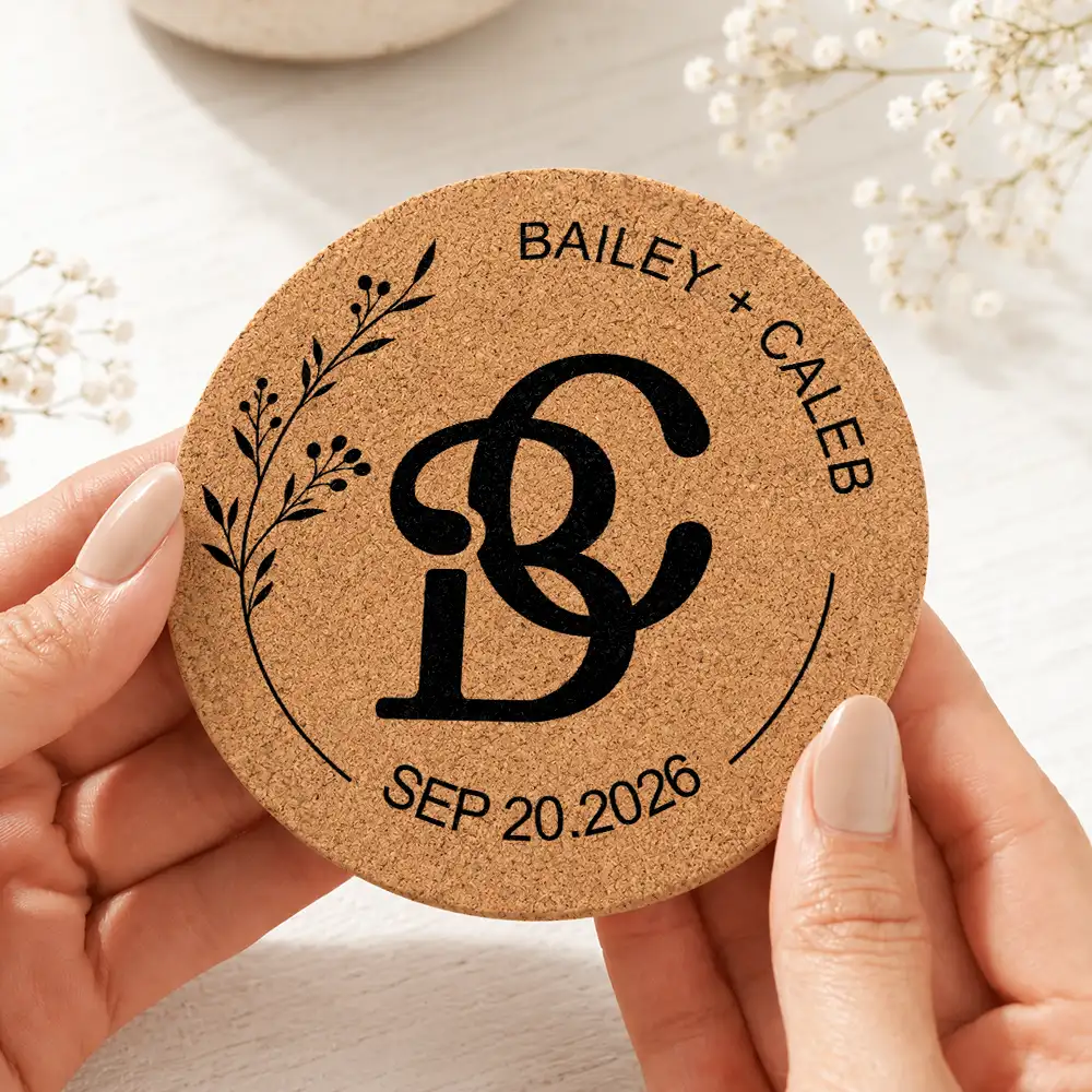 Romantic,Gift For Couples,Wedding,Intertwined Monogram - Intertwined Monogram Wedding Couple Name - Personalized Cork Coaster