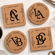 Romantic,Gift For Couples,Wedding,Intertwined Monogram - Intertwined Monogram Wedding Couple Name - Personalized Cork Coaster