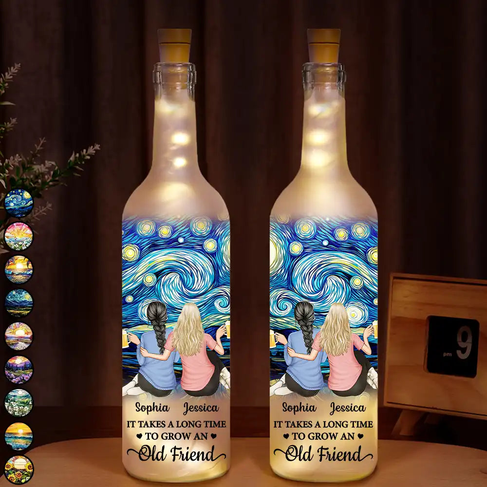 Gift For Bestie,Old Best friends,Happy - It Takes A Long Time To Grow An Old Friend Starry Night - Personalized Bottle Light