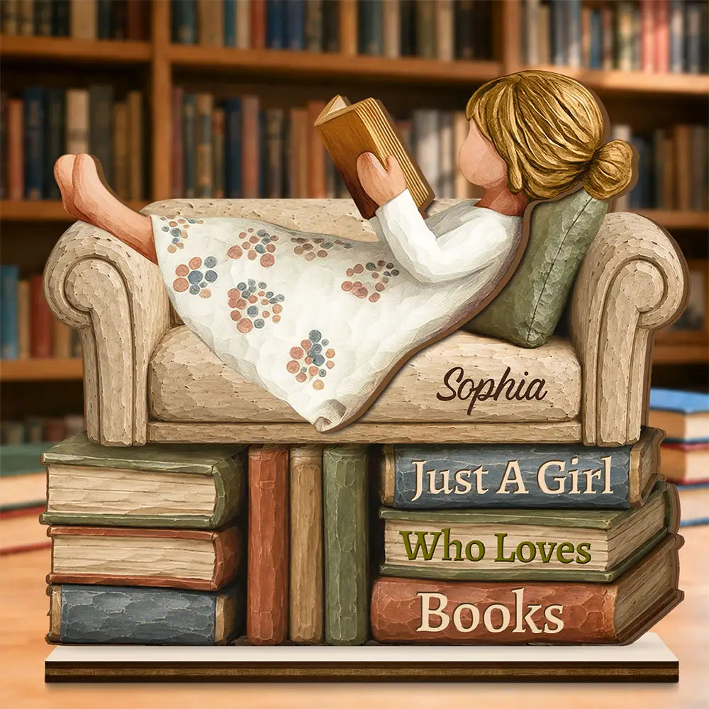 Just A Girl Boy Who Loves Books Wood Carving Style - Personalized Custom Shaped Wooden Plaque