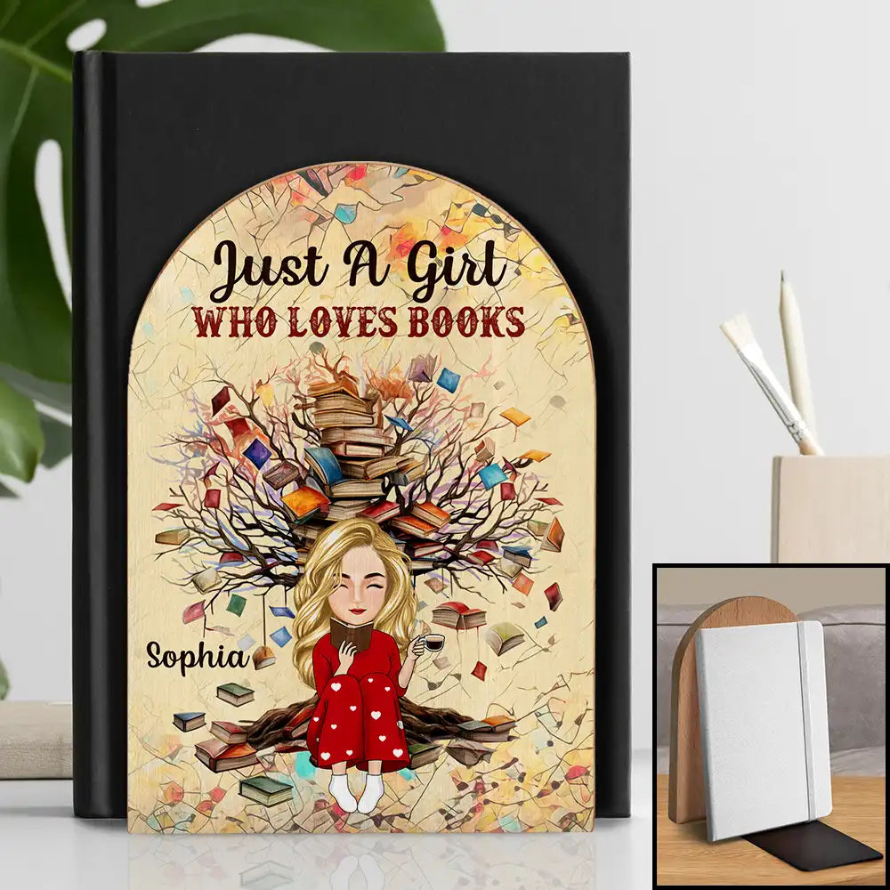 Reading, Happy, Gift For Yourself - Just A Girl Who Loves - Personalized Wood Book Ends
