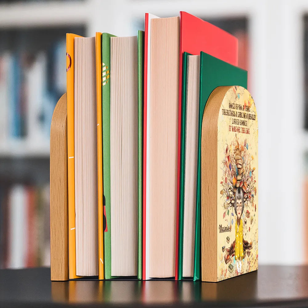 Reading, Happy, Gift For Yourself - Just A Girl Who Loves - Personalized Wood Book Ends