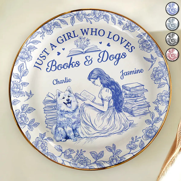 Reading,Gift For Women,Dog Lovers,Dog Mom,Pet Lovers,Pet Mom,Happy - Just A Girl Who Loves Books And Dogs - Personalized Round Ring Dish