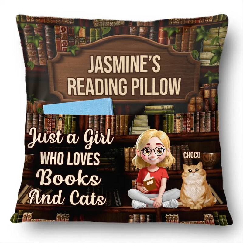 Gift For Yourself,Gift For Women,Gift For Men,Happy,Reading,Pet Lovers,Pet Mom,Pet Dad,Cat Lovers,Cat Mom,Cat Dad - Just A Girl Who Loves Books & Cats - Personalized Pocket Pillow