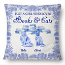 Reading,Cat Mom,Cat Lovers,Dog Lovers,Happy - Just A Girl Who Loves Books & Pets Toile De Jouy Pattern - Personalized Pillow