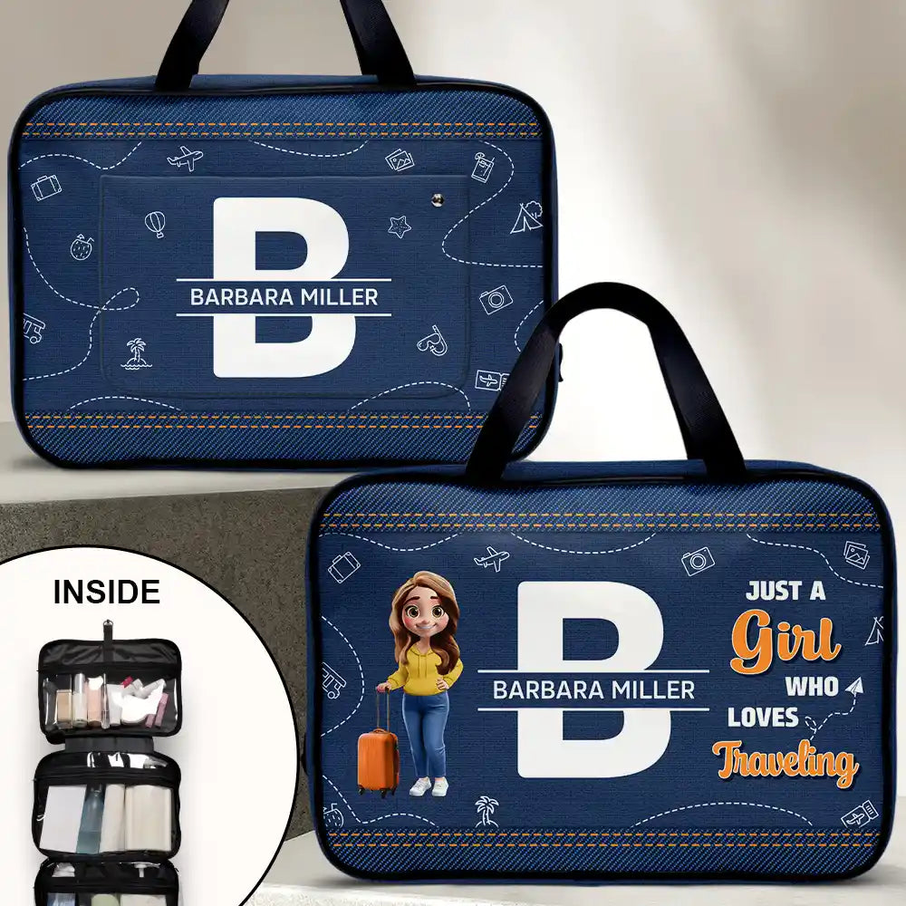 Gift For Women,Gift For Men,Summer,Travel,Gift For Yourself,Happy - Just A Girl Who Loves Traveling 3D Effect - Personalized Toiletry Bag