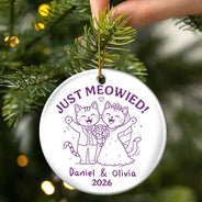 Christmas,Married Couple,Romantic,Gift For Couples,Icon - Just Meowied Couple - Personalized Circle Ceramic Ornament