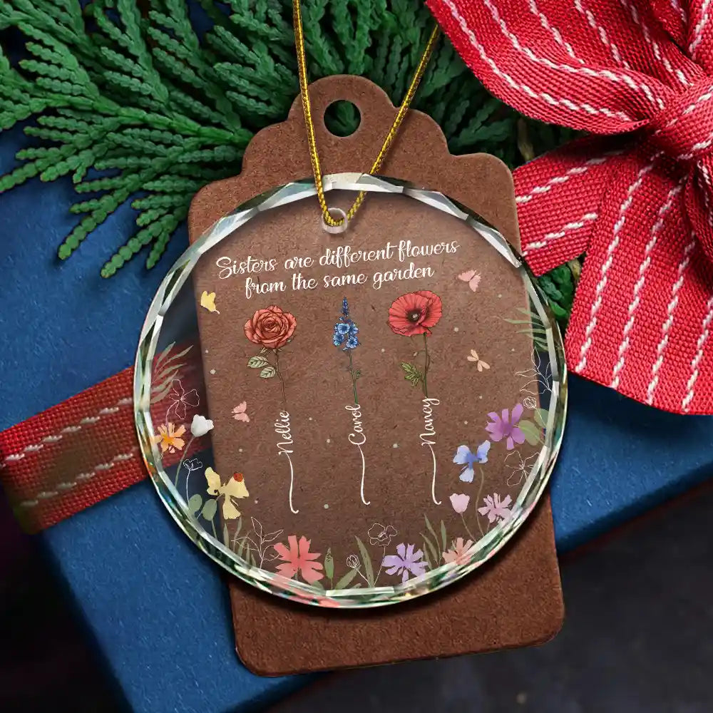 Gift For Sisters - Birth Flower Sisters From The Same Garden - Personalized Circle Glass Ornament