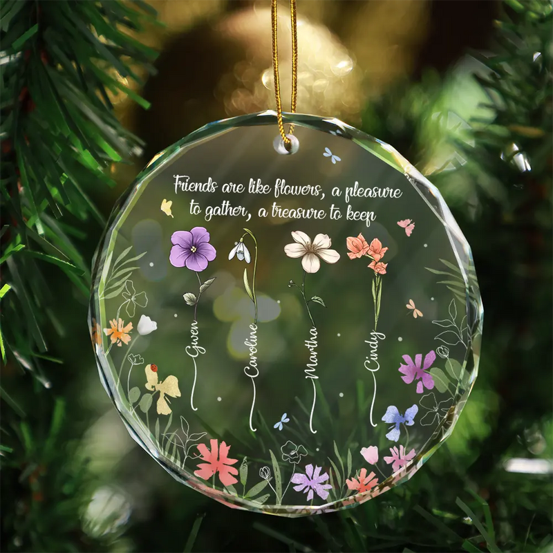 Birth Flower Grow Old Friends - Personalized Circle Glass Ornament