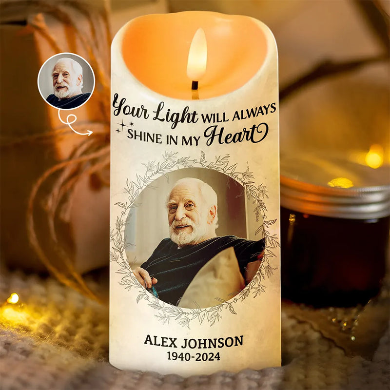 Memorial,Custom Photo,Sad - Custom Photo Your Light Will Always Shine In My Heart - Personalized Flameless LED Candle