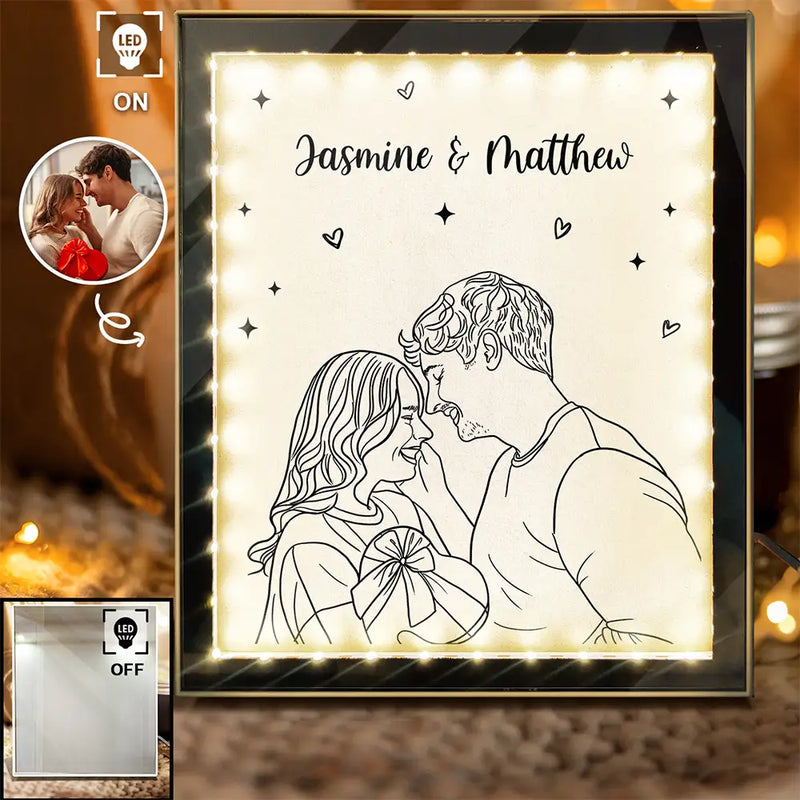 Gift For Couples, Gift For Husband, Gift For Wife, Gift For Boyfriend, Gift For Girlfriend, Art Design - Custom Photo Line Art Couple Portrait Bestie Family - Personalized LED Mirror Frame Lamp