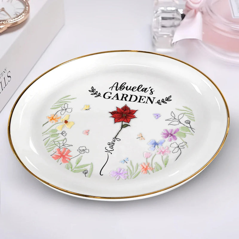 Gift For Mother,Gift For Grandma,Love - Birth Flower Grandma's Garden - 3D Embossed Effect Printed Ring Dish, Personalized Round Ring Dish