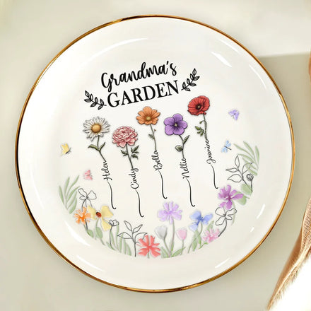 Birth Flower Grandma's Garden - 3D Embossed Effect Printed Ring Dish, Personalized Round Ring Dish