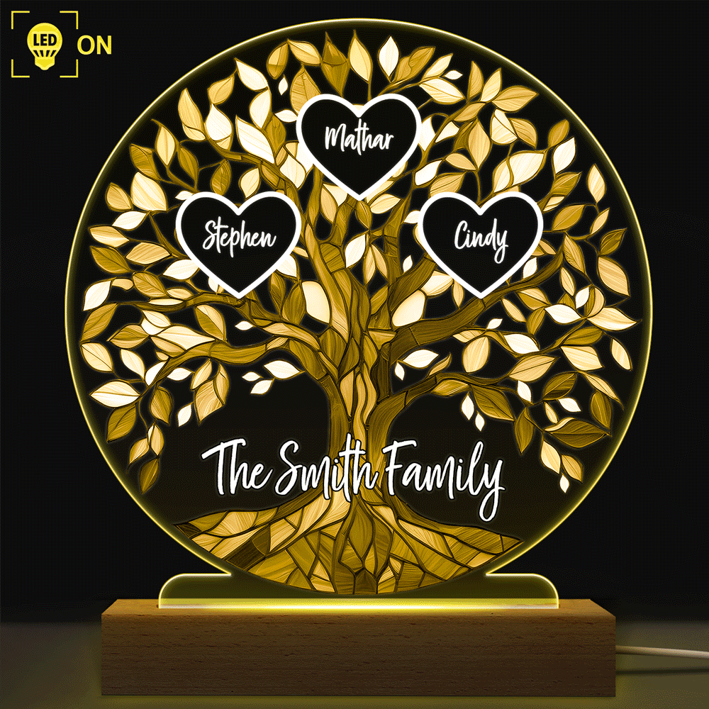 Family,Gift For Mother,Gift For Father - Loving Family Tree Unbreakable Bond - Personalized 3D Led Light Wooden Base