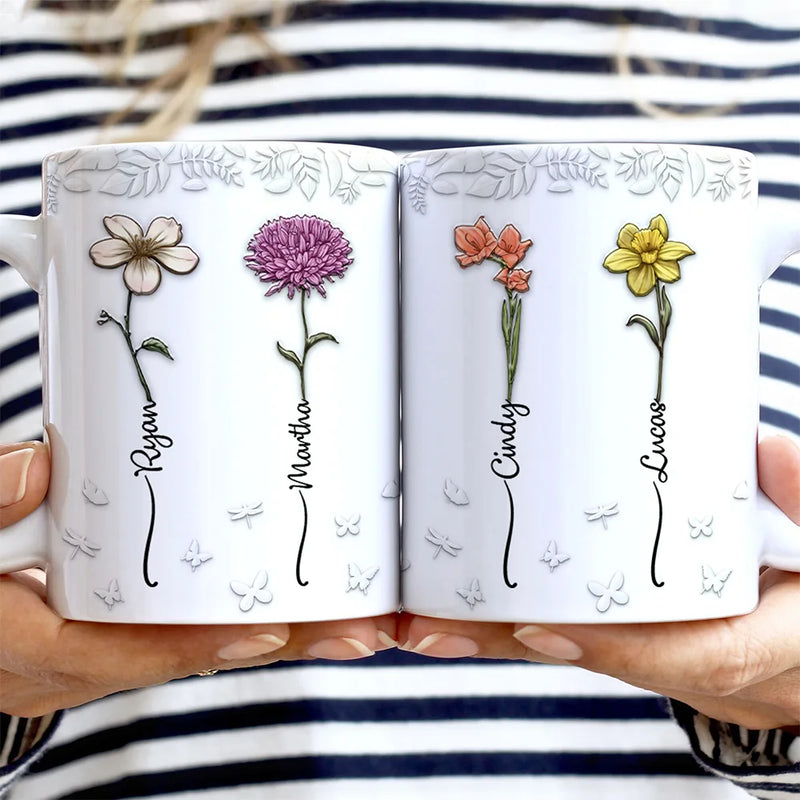 Gift For Women, Gift For Yourself, Gift For Mother, Gift For Grandma, Gift For Sisters, Gift For Bestie, Love - Birth Flowers For Mom, Grandma, Besties - 3D Embossed Effect Printed Mug, Personalized White Edge-to-Edge Mug