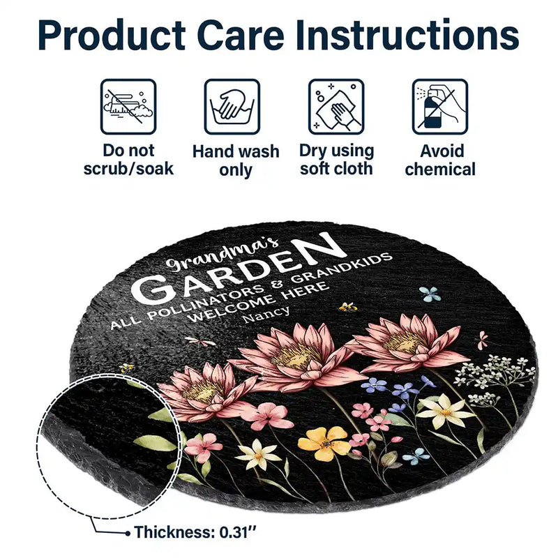 Gift For Grandma,Grandma's Hobby,Happy,Grandma,Grandkids - Pollinators And Grandkids Welcome Here - Personalized Circle Memorial Garden Stone
