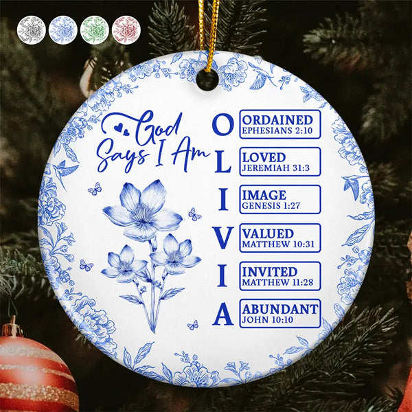 Gift For Yourself,Gift For Women,Happy,Christmas,Christian - God Says I Am Name Letter In Bible Toile De Jouy Flower - Personalized Circle Ceramic Ornament
