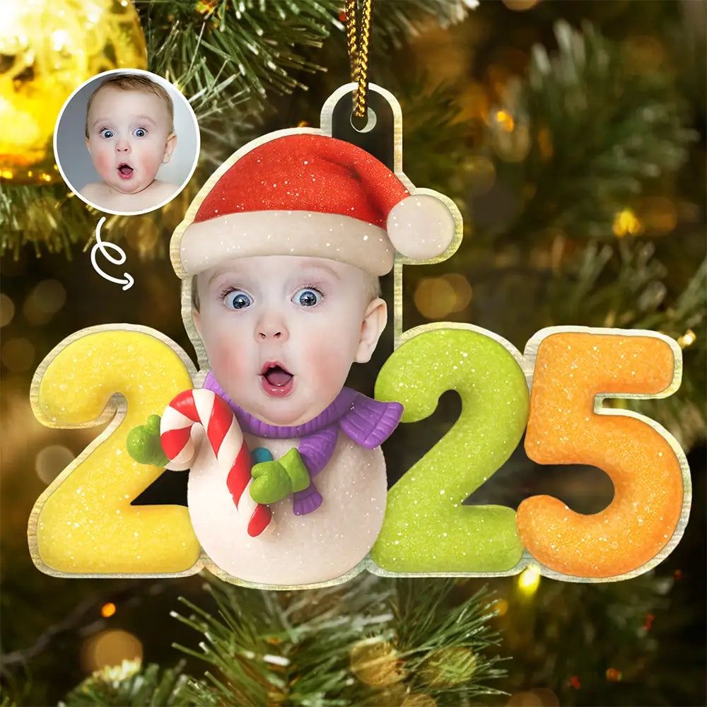New baby,New Mom,New Dad,Funny,Parents,Gift For Kids,Gift For Grandkids,Cousin - Custom Photo Sweet Candy Snowman Funny Baby First Christmas - Personalized Custom Shaped Acrylic Ornament