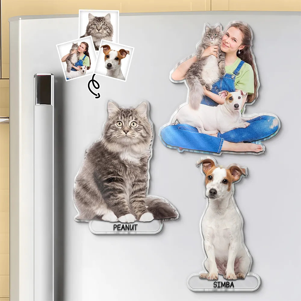 Custom Photo Cute Dog And Cat Gift For Pet Lovers - Personalized Acrylic Fridge Magnet