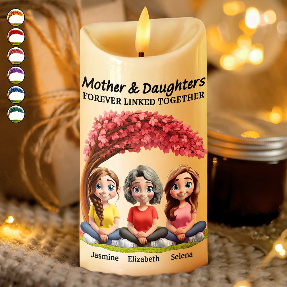Gift For Mother,Mom - Daughters (Adult),Happy - Mother Daughter Under The Tree Forever Linked Together - Personalized Flameless LED Candle