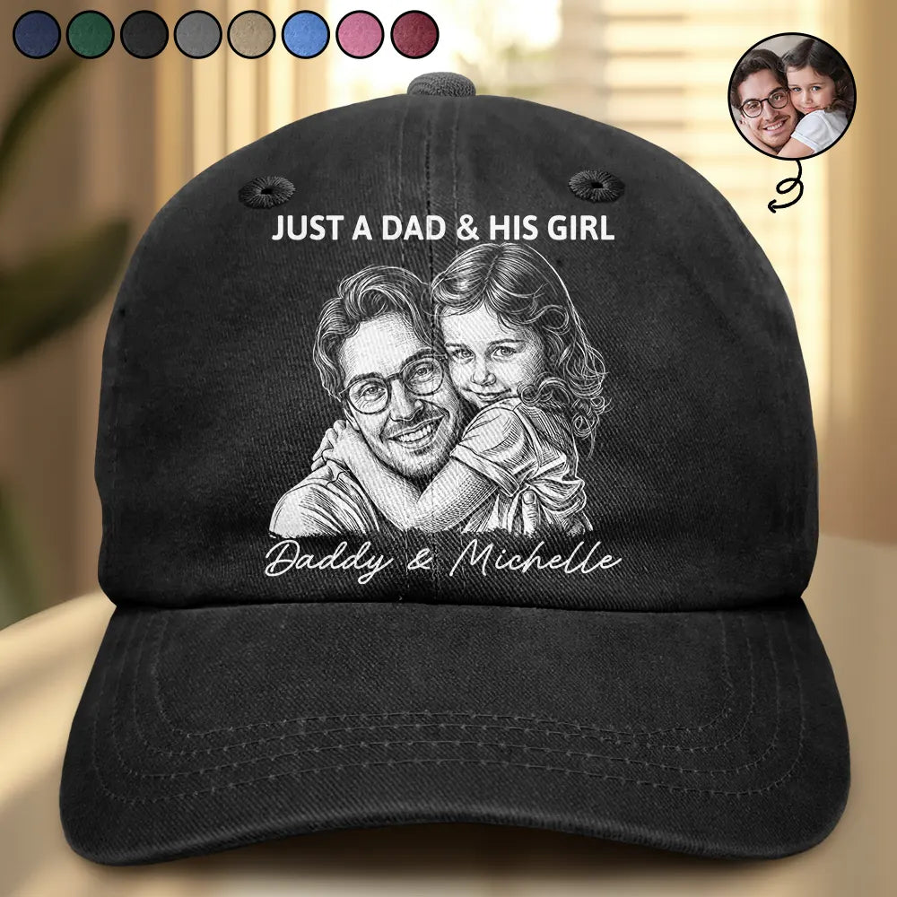Custom Photo White Pencil Sketch Art Just A Dad And His Girl - Personalized Vintage Washed Denim Cap