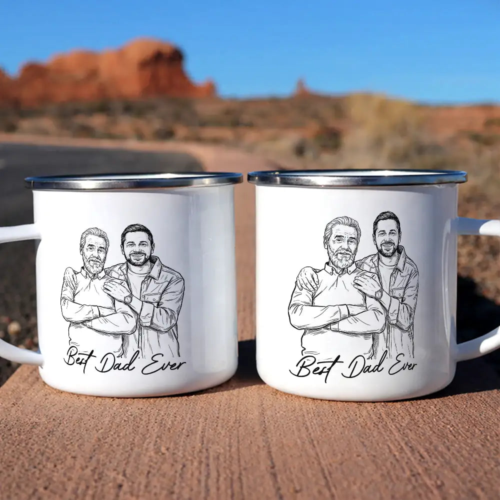 Gift For Father,Gift For Grandpa,Non-Eng,Photo - Pencil Sketch (Bold),Proud - Custom Photo Bold Sketch Best Dad Grandpa Ever Family Portrait - Personalized Enamel Mug