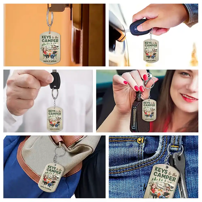 Camping,Campsite,Couple's Hobby,Happy,Gift For Couples - Keys To The Camper Camping Cartoon Couple - Personalized Aluminum Keychain
