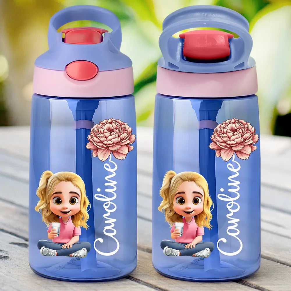 Kid Baby Sitting Birth Flower - Personalized Kids Water Bottle With Straw