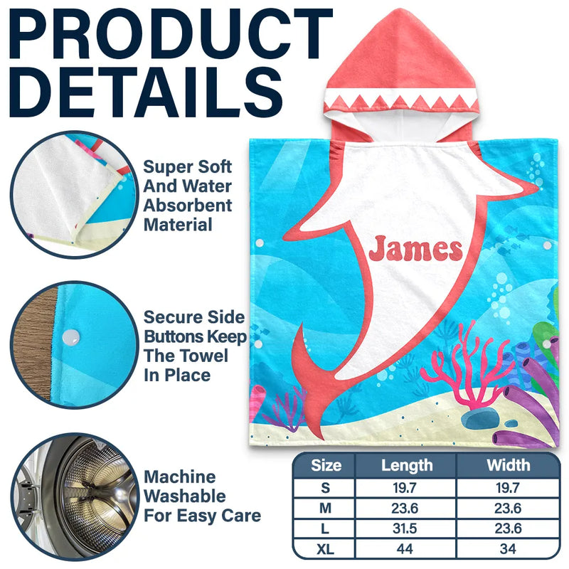 Gift For Kids,Beach,Summer,Adorable,Vector - Kid Ocean Shark With Name Summer - Personalized Kids Hooded Poncho Towel
