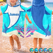 Gift For Kids,Beach,Summer,Adorable,Vector - Kid Ocean Shark With Name Summer - Personalized Kids Hooded Poncho Towel
