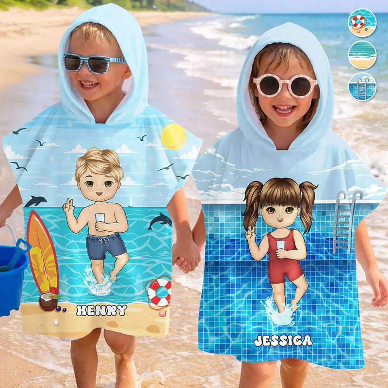 Gift For Kids, Beach, Summer, Adorable, Vector - Kid On Beach And Pool Summer Trip 3D Cartoon - Personalized Kids Hooded Poncho Towel