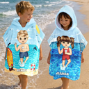 Gift For Kids, Beach, Summer, Adorable, Vector - Kid On Beach And Pool Summer Trip 3D Cartoon - Personalized Kids Hooded Poncho Towel