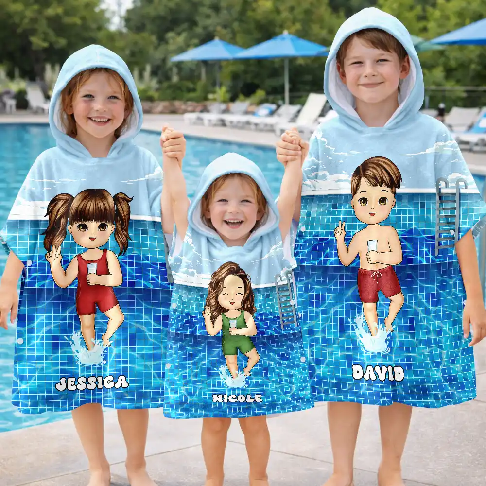 Gift For Kids, Beach, Summer, Adorable, Vector - Kid On Beach And Pool Summer Trip 3D Cartoon - Personalized Kids Hooded Poncho Towel