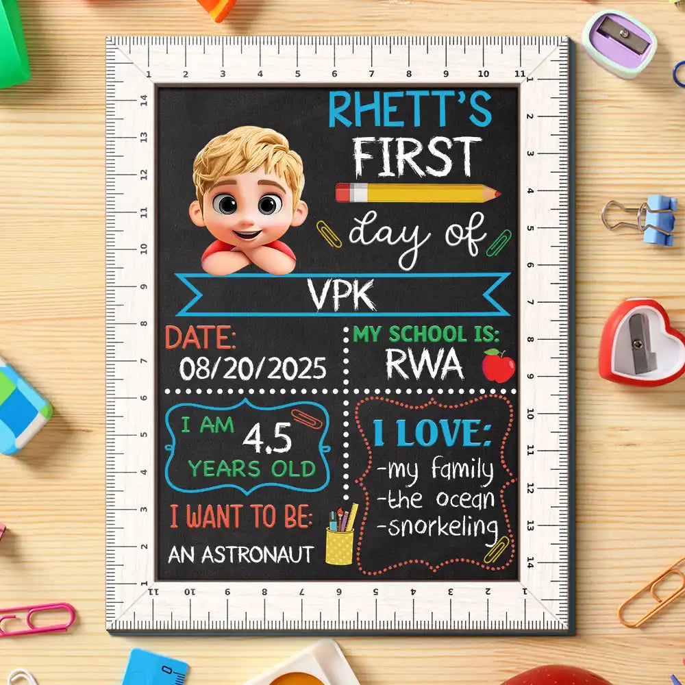 Kid Resting On Arms First Day Of School - Personalized School Sign