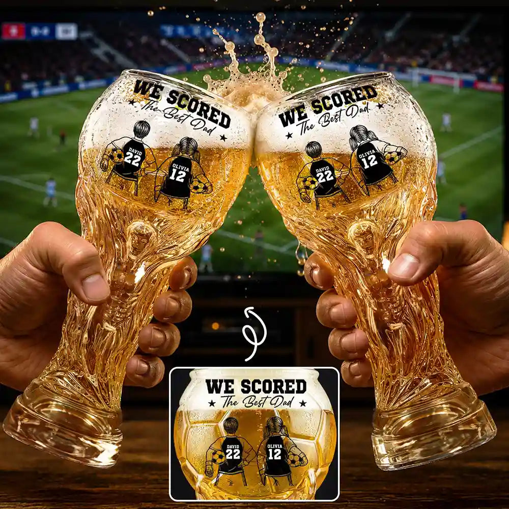 Gift For Father, Football (Soccer), Playful, Vector - Kids Backside Line Art We Scored The Best Dad - Personalized Beer Glass