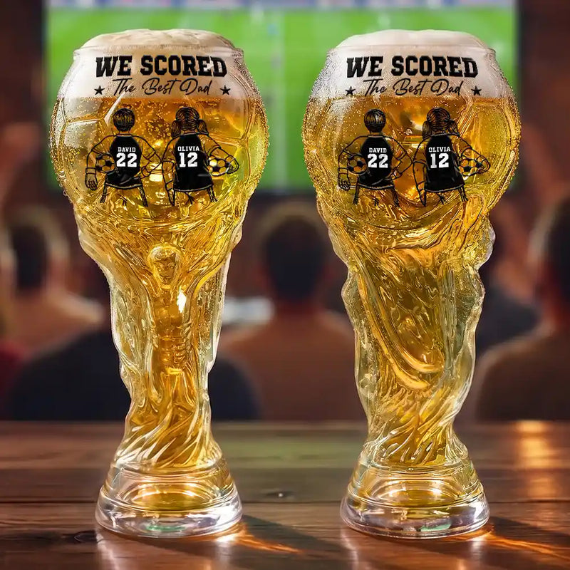 Gift For Father, Football (Soccer), Playful, Vector - Kids Backside Line Art We Scored The Best Dad - Personalized Beer Glass