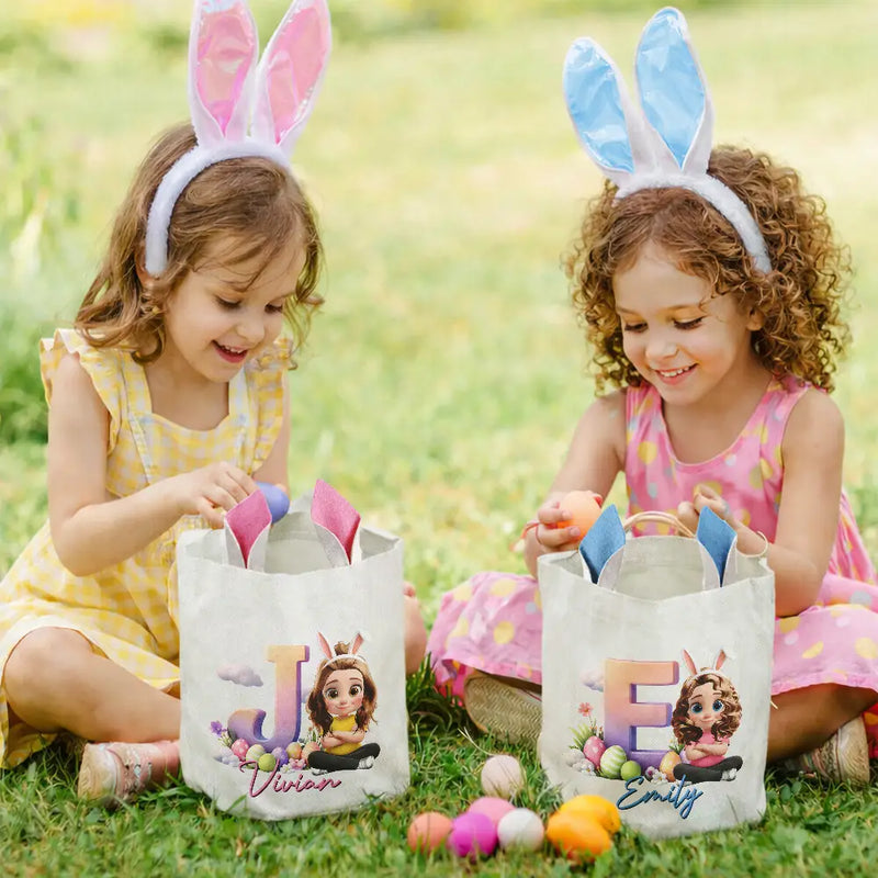 Grandpa - Grandkids,Gift For Kids,Grandma - Grandkids,Gift For Grandkids,Dad - Children,Mom - Children,Parents,Easter - Kids Sitting With Easter Alphabet Letters - Personalized Bunny Ears Bucket Bag