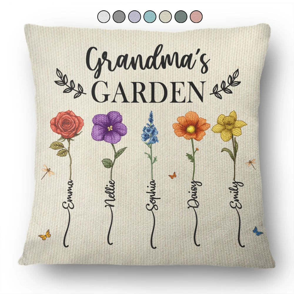 Gift For Grandma, Gift For Aunt, Gift For Mother, Happy, Gift For Wife, Gift For Women, Gift For Yourself - Knitted Effect Birth Flower Grandma's Garden - Personalized Pillow