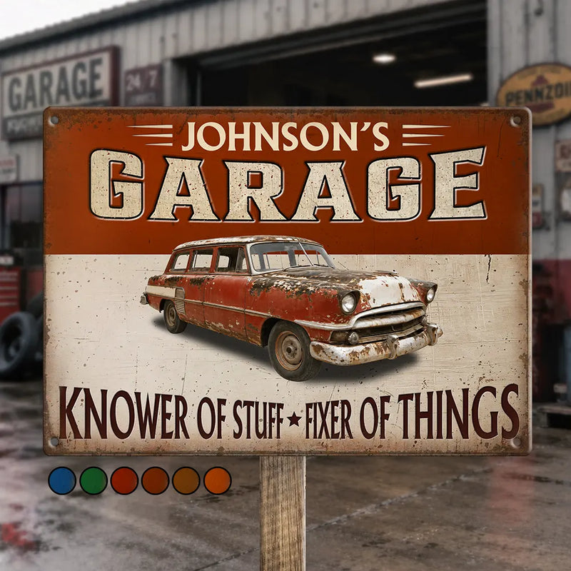 Top Market,Confident,Gift For Men,Gift For Yourself,Icon,Garage - Custom Photo Garage Workshop Man Cave Knower Of Stuff Fixer Of Things - Personalized Classic Metal Signs