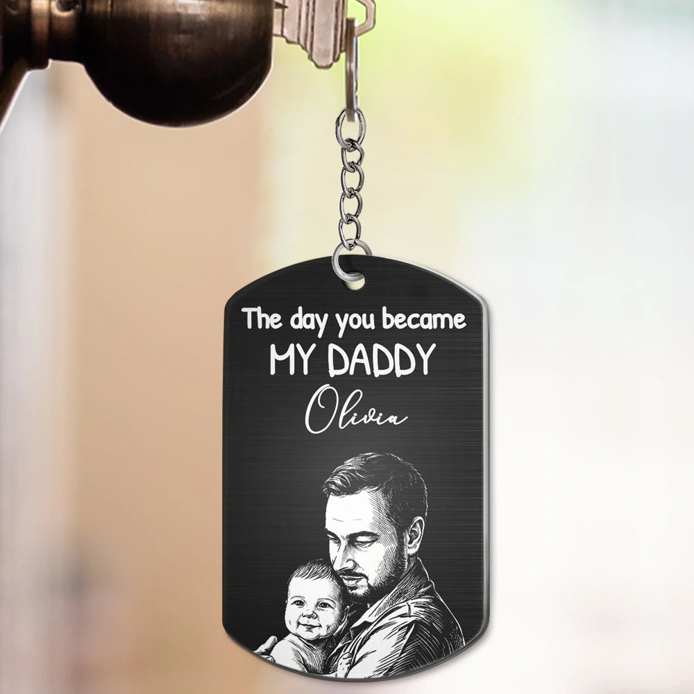 Father's Day Gifts, Custom Photo Pencil Sketch Calendar The Day You Became My Mom Dad - Personalized Aluminum Keychain