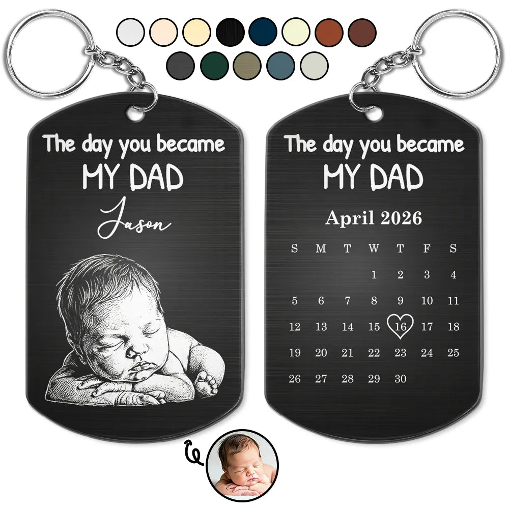 Father's Day Gifts, Custom Photo Pencil Sketch Calendar The Day You Became My Mom Dad - Personalized Aluminum Keychain