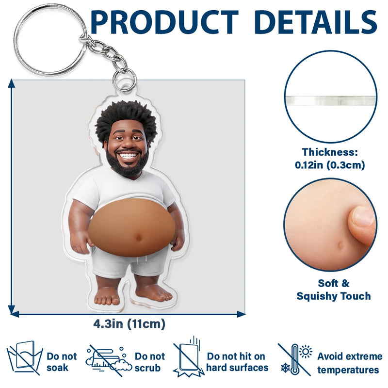 Custom Photo,Art Design,Family,Humorous,Photo - Belly Pose Cartoon Figure - Custom Photo Cartoon Funny Belly Character Family Member And Pet - Personalized Squishy Acrylic Keychain