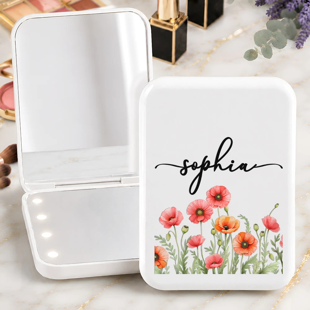 Custom Name & Birth Flower For Her, Sisters, Daughter, Besties - Personalized LED Compact Mirror