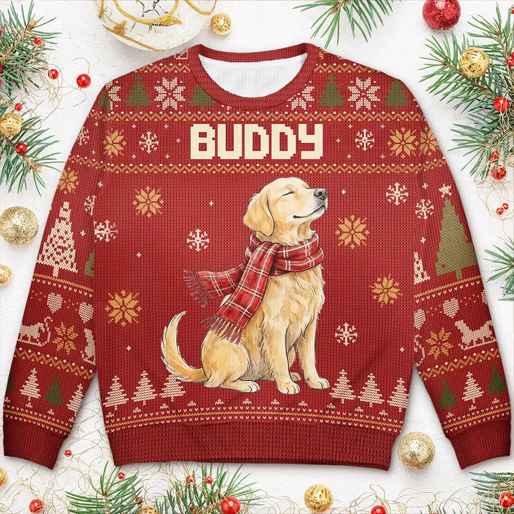 Art Design,Christmas,Pet Lovers,Photo - Pet With Fall Leaves,Happy - Custom Photo Watercolor Christmas Dog Pet Lover Gift - Personalized Unisex Ugly Sweater