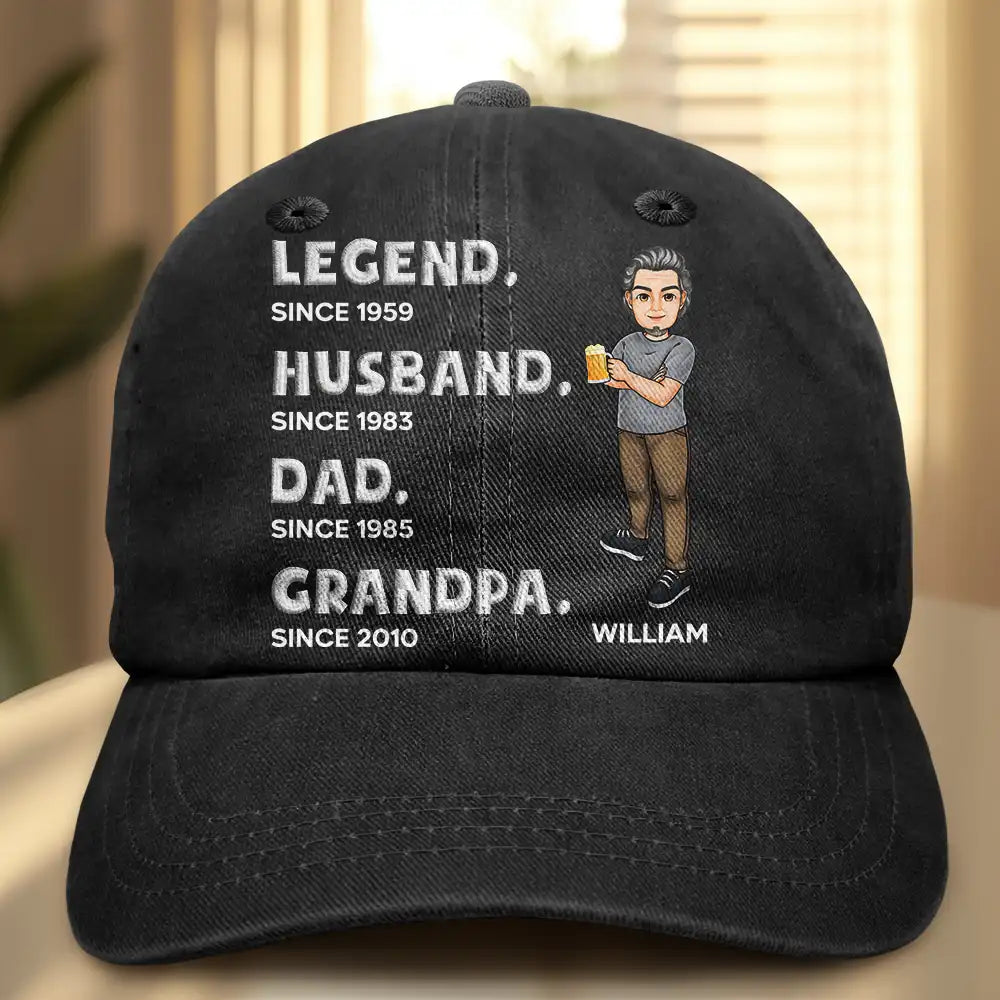 Gift For Father,Gift For Grandpa,Happy - Legend Husband Daddy Embroidery Effect - Personalized Vintage Washed Denim Cap