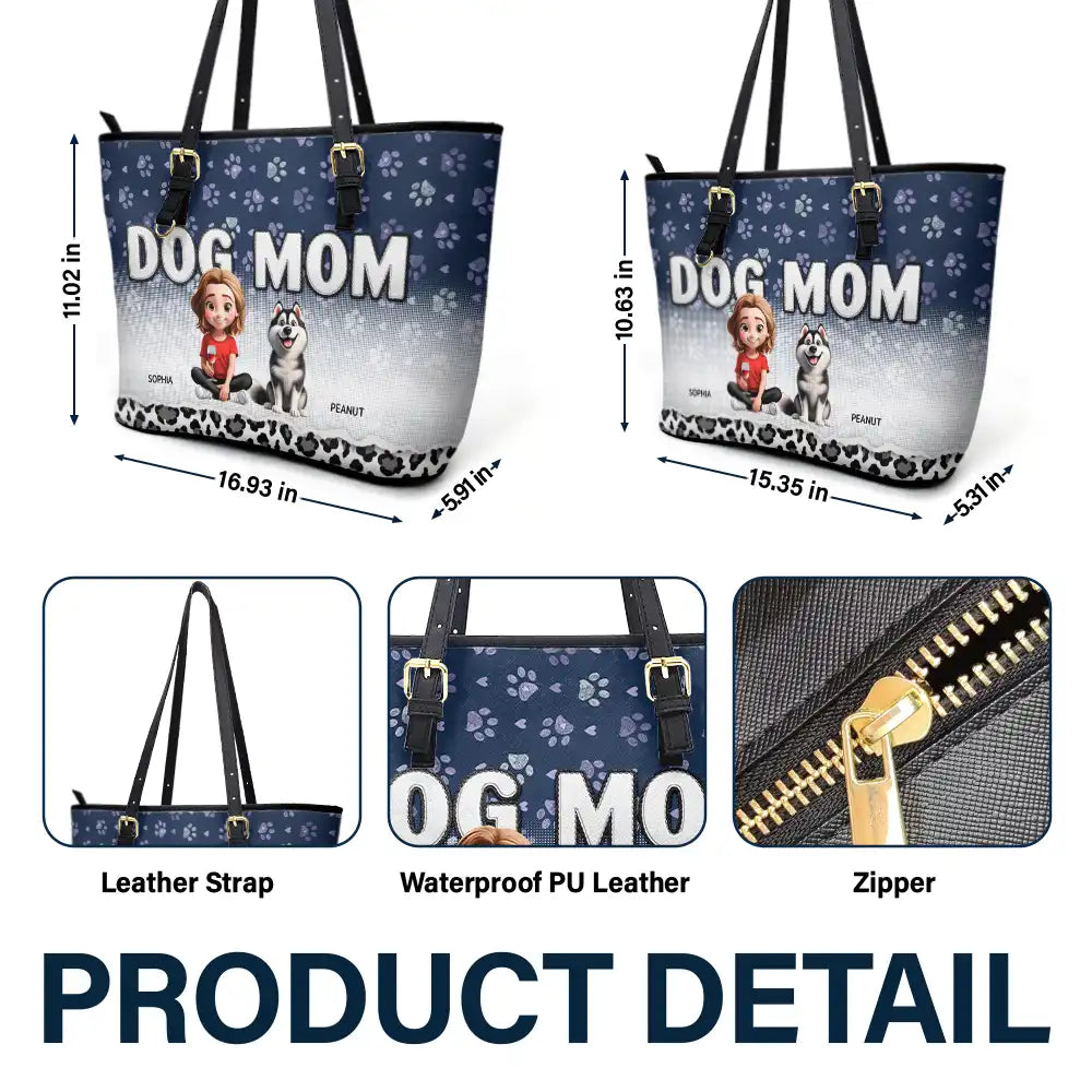 Gift For Women, Dog Lovers, Dog Mom, Pet Lovers, Pet Mom, Love - Leopard Dog Mom - Personalized Leather Tote Bag