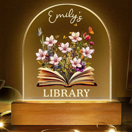 Library With Birth Month Flower And Book - Personalized Custom Shaped LED Light